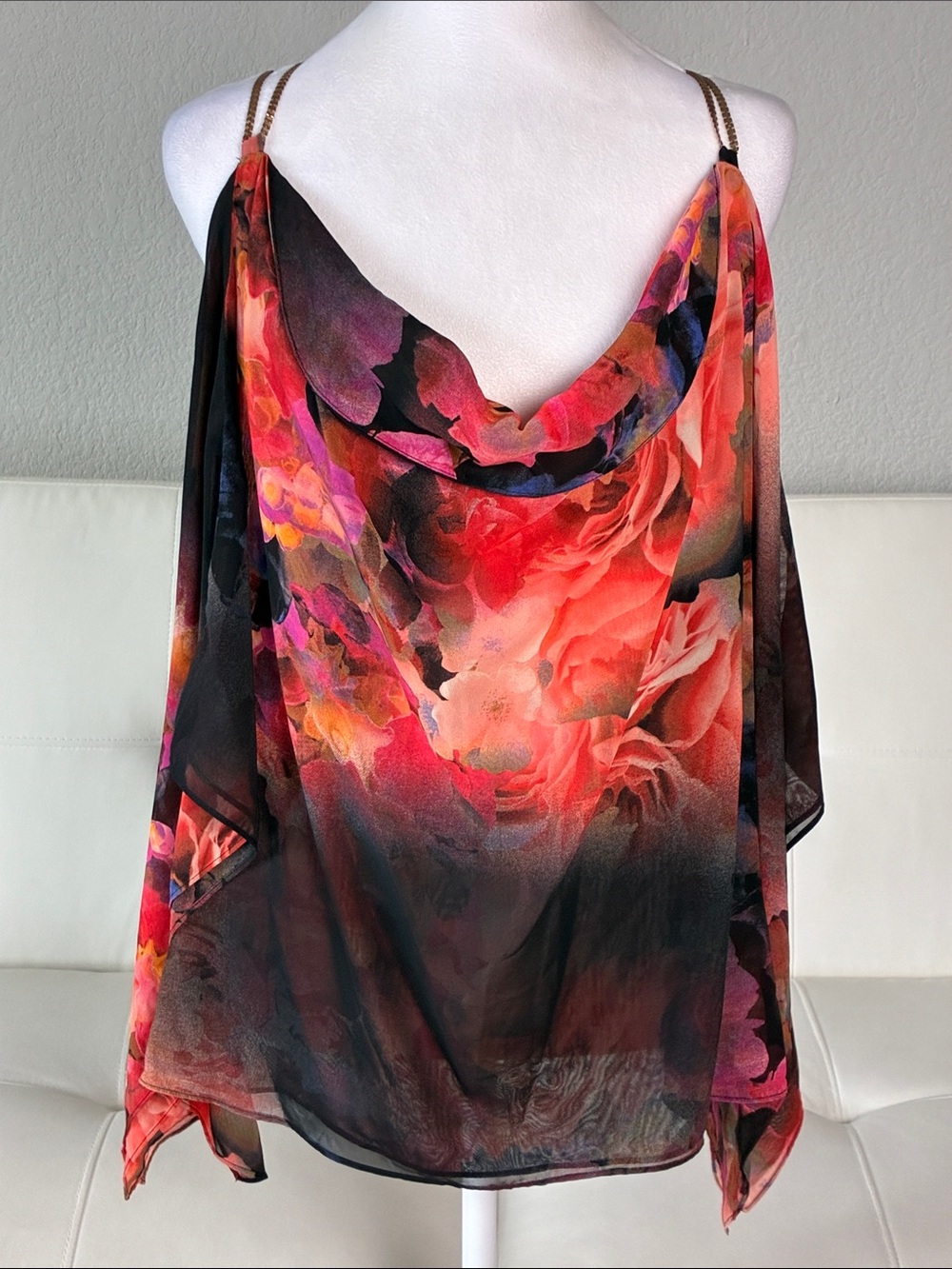 BOLD elements Floral Sheer Cowl Neck Tank - Orange & Black